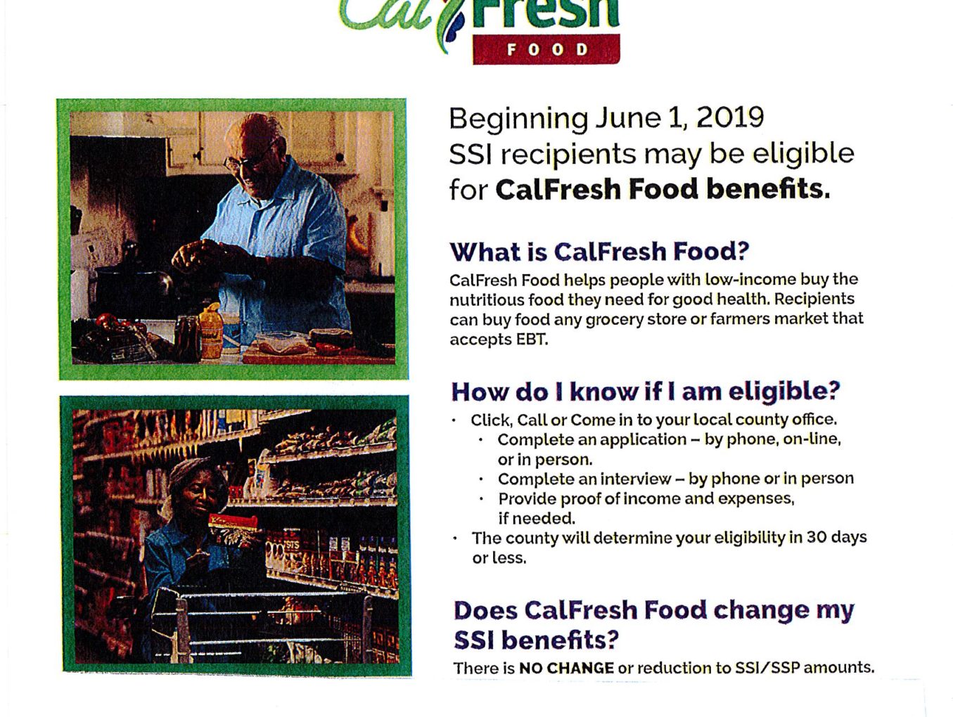 SSI recipients may be eligible for CalFresh Food benefits beginning June 1, 2019